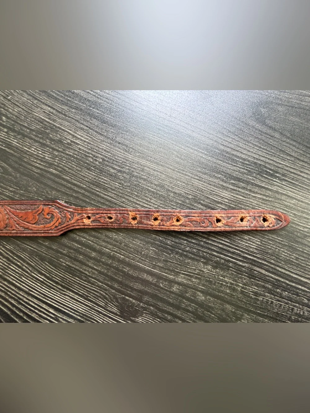 Hand-Tooled Brown Leather Women's Belt with Patina Buckle. SKU 26